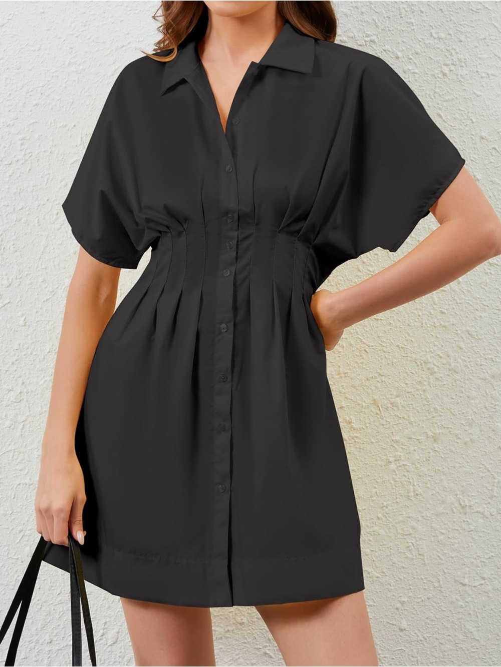 Women’s Button Front Pleated Shirt Dress with Cinched Waist and Short Sleeve
